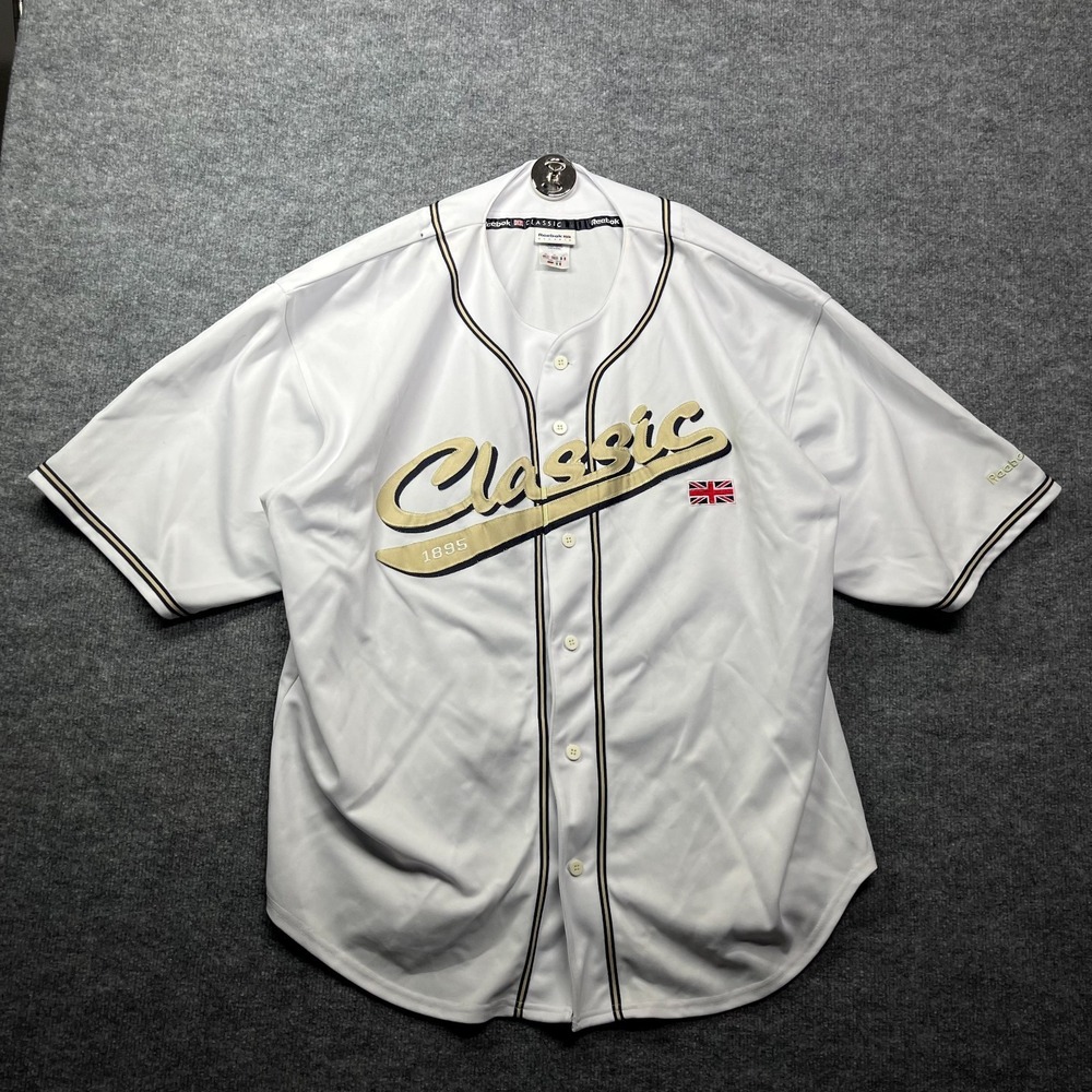Reebok Classic Baseball Jersey Men's 2XL White Gold Logo Short Sleeve Sports Y2K